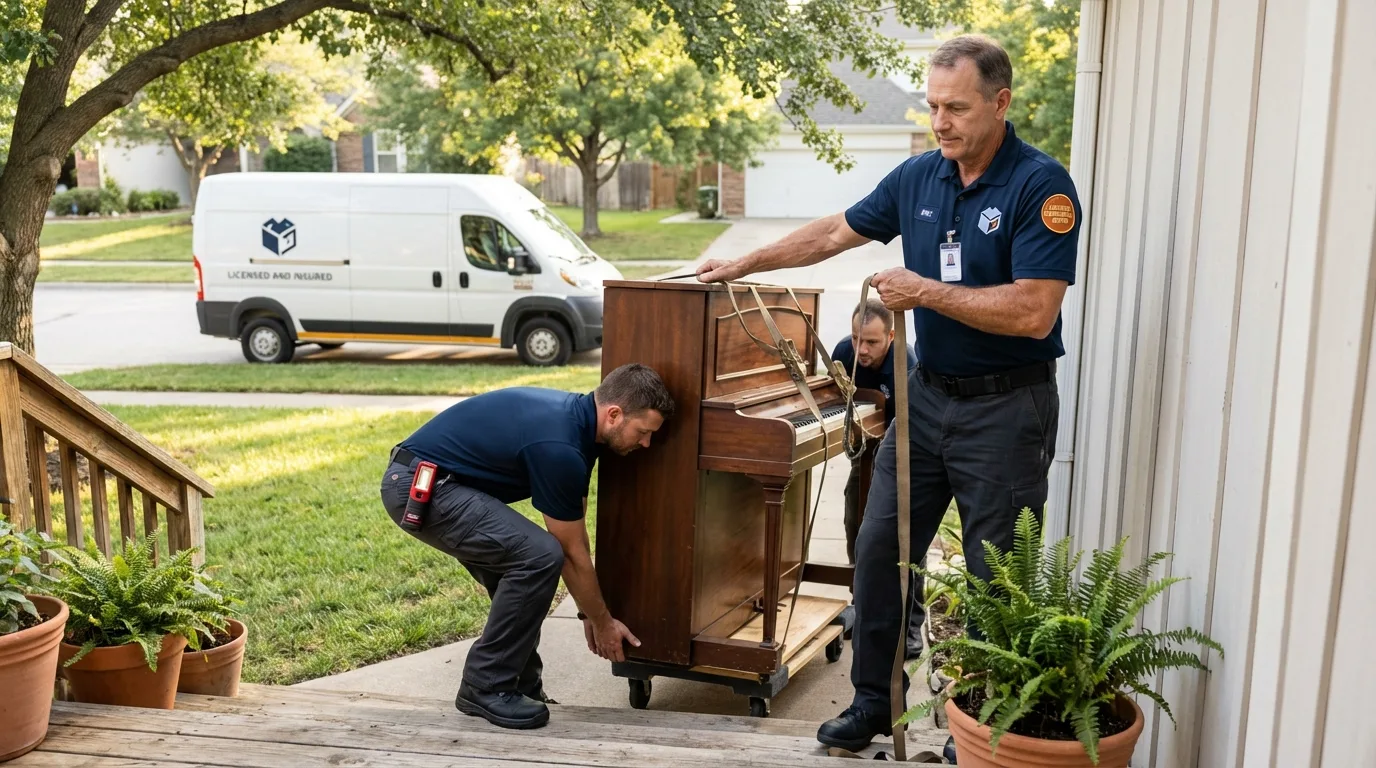 Licensed piano movers securing grand piano in Mullen, NE