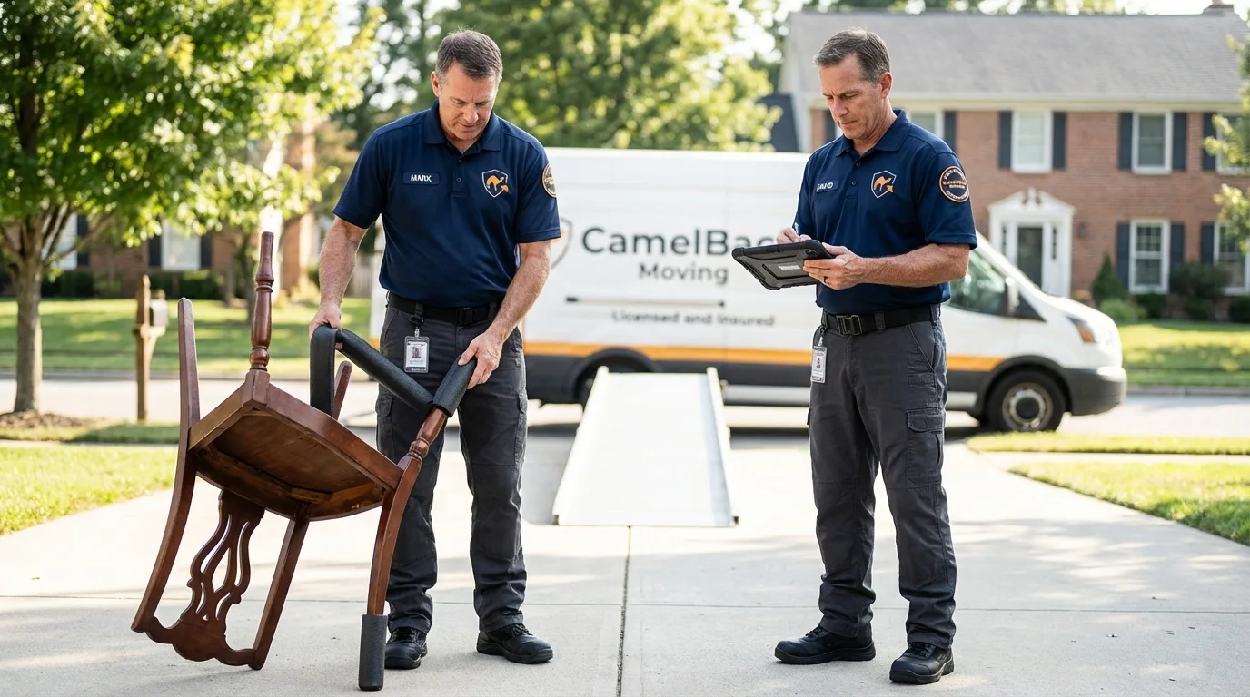 Movers inspecting furniture for damage prevention before loading in Mullen, NE