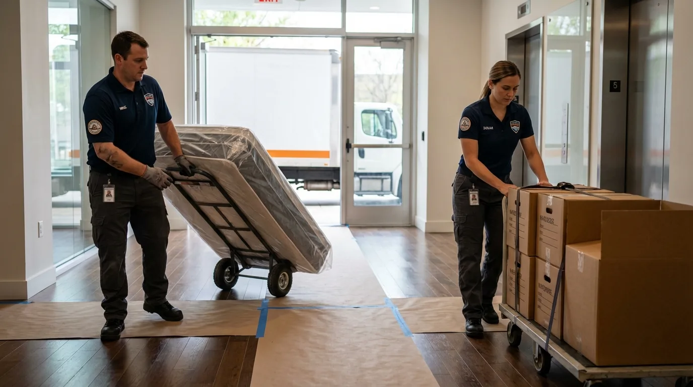 Professional apartment movers loading elevator in Mullen, NE